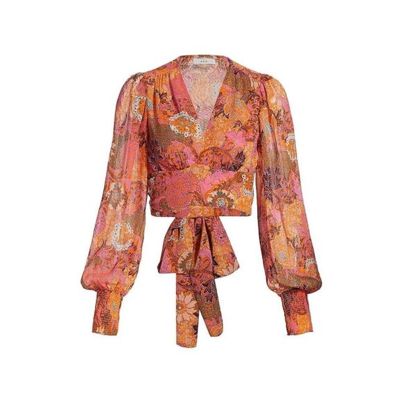 A.L.C. Samara Silk Floral Cropped Top Orange Pink Long Sleeve Blouse size 00 - Picture 4 of 13
